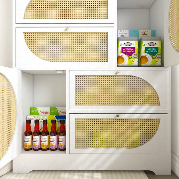 English Elm Storage Cabinet with Rattan Doors and Built-In Outlet, Tall Freestanding Hutch with Spacious Countertop and 4 Drawers W2227P160487