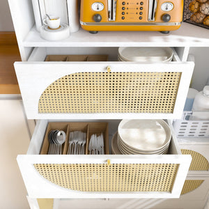 English Elm Storage Cabinet with Rattan Doors and Built-In Outlet, Tall Freestanding Hutch with Spacious Countertop and 4 Drawers W2227P160487