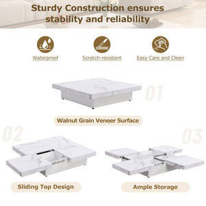 English Elm Square Marble Veneer Coffee Table with Sliding Top Hidden Storage Pedestal Base White N735P388120K