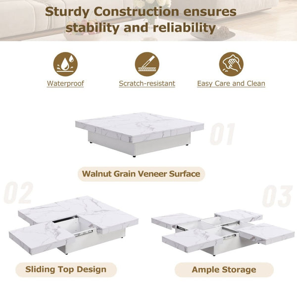 English Elm Square Marble Veneer Coffee Table with Sliding Top Hidden Storage Pedestal Base White N735P388120K