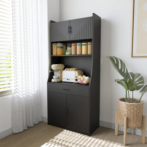 English Elm 71" Kitchen Storage Cabinet with Charging Station, Black MDF Pantry, Anti-Tip, Drawer & Countertop W2227P160486