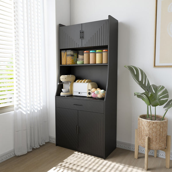 English Elm 71" Kitchen Storage Cabinet with Charging Station, Black MDF Pantry, Anti-Tip, Drawer & Countertop W2227P160486