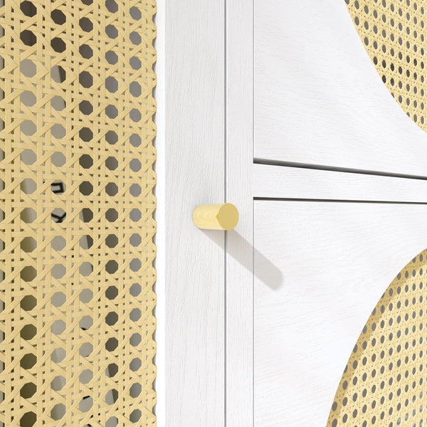 English Elm Storage Cabinet with Rattan Doors and Built-In Outlet, Tall Freestanding Hutch with Spacious Countertop and 4 Drawers W2227P160487