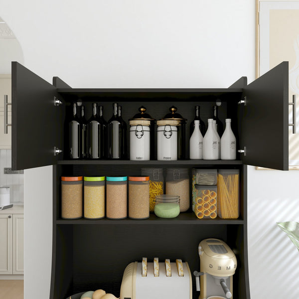 English Elm 71" Kitchen Storage Cabinet with Charging Station, Black MDF Pantry, Anti-Tip, Drawer & Countertop W2227P160486