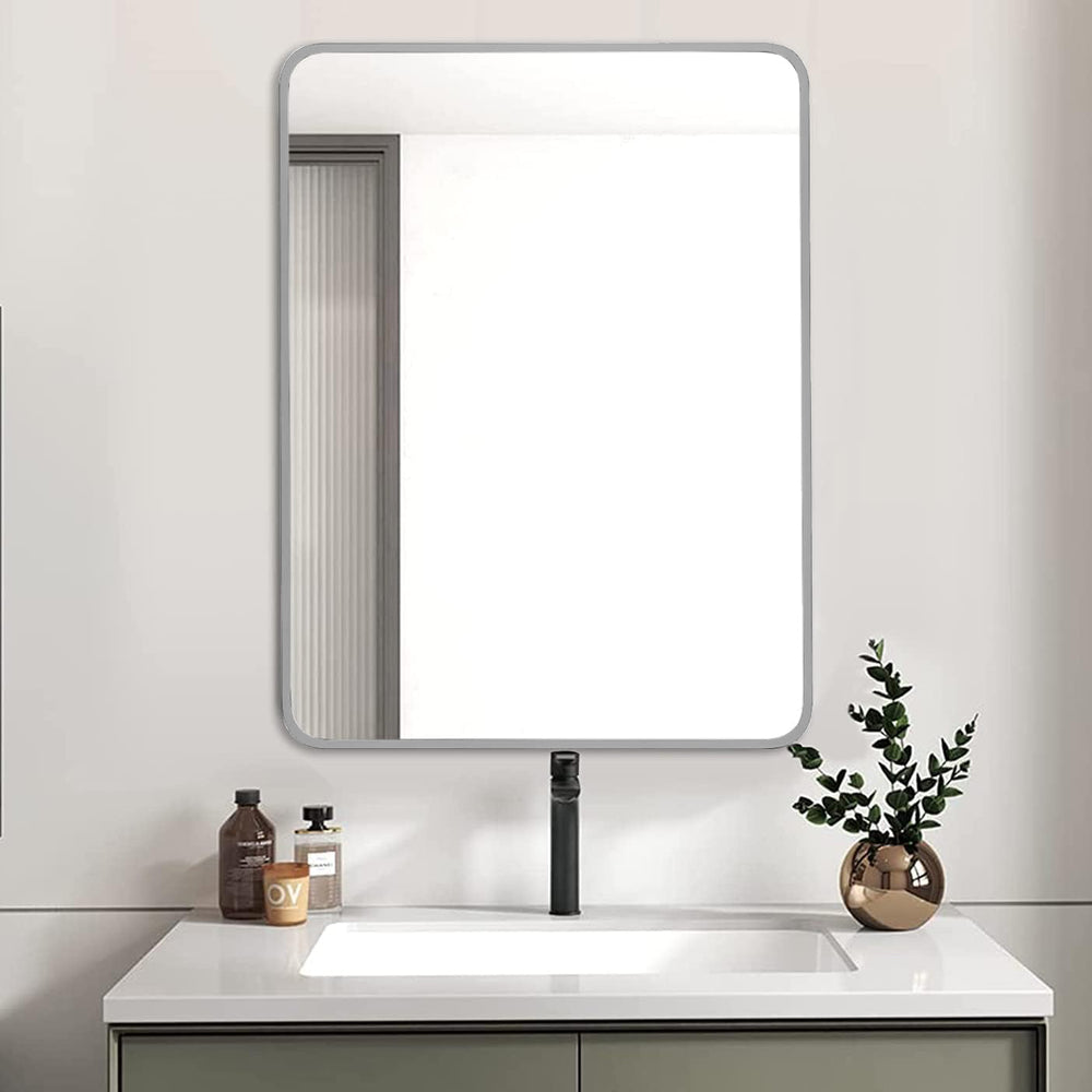 English Elm 24X32 Inch Sleek Silver Metal Framed Bathroom Mirror - High-Definition Glass, Safe Installation & Modern Style W2203P302685