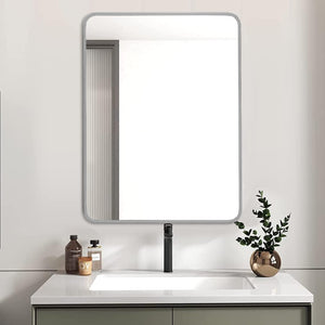 English Elm 24X32 Inch Sleek Silver Metal Framed Bathroom Mirror - High-Definition Glass, Safe Installation & Modern Style W2203P302685