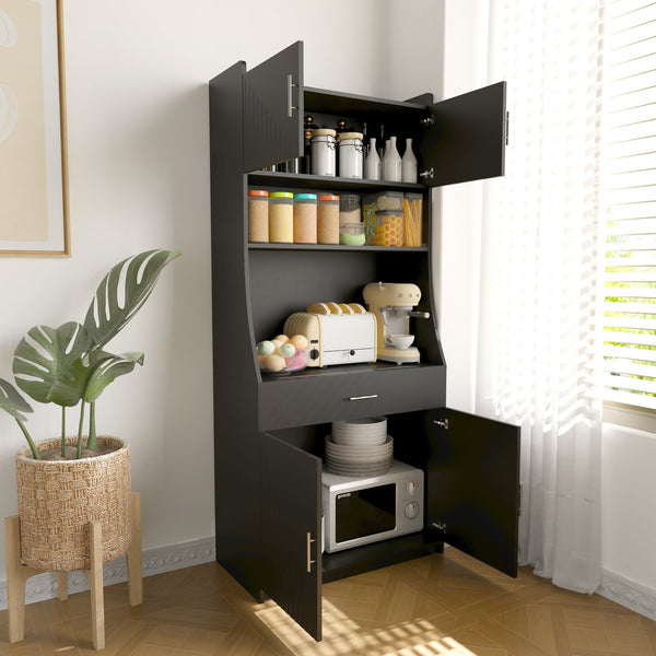 English Elm 71" Kitchen Storage Cabinet with Charging Station, Black MDF Pantry, Anti-Tip, Drawer & Countertop W2227P160486