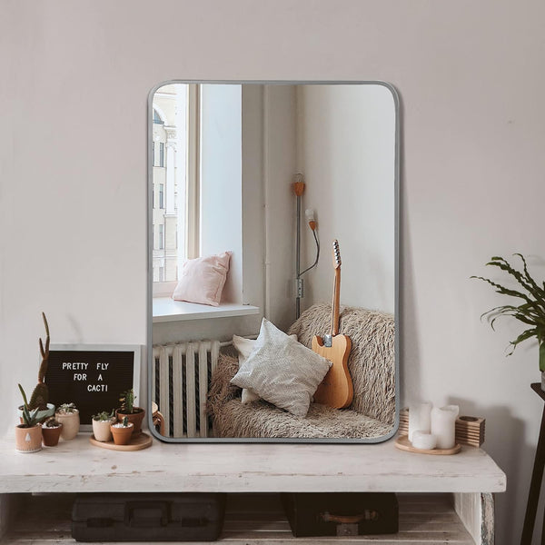 English Elm 24X32 Inch Sleek Silver Metal Framed Bathroom Mirror - High-Definition Glass, Safe Installation & Modern Style W2203P302685