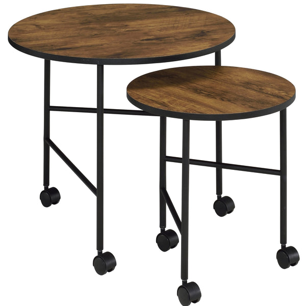 English Elm Vintage Oak and Black Nesting Tables Set — Rustic Industrial 2-Piece Round Top Side Tables on Casters, Space-Saving Elegance and Mobilitymates B062P181388
