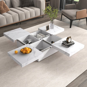 English Elm Square Marble Veneer Coffee Table with Sliding Top Hidden Storage Pedestal Base White N735P388120K