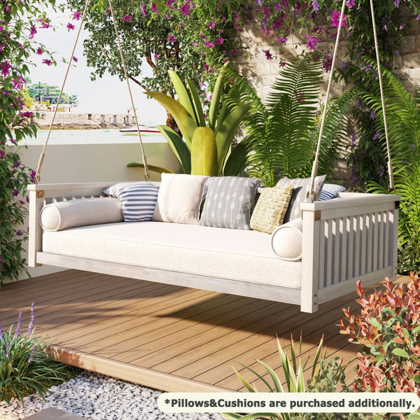 English Elm Topmax Acacia Wood Porch Swing Bed Sloped Frame Outdoor Lounger for Backyard Patio White WF319383AAK