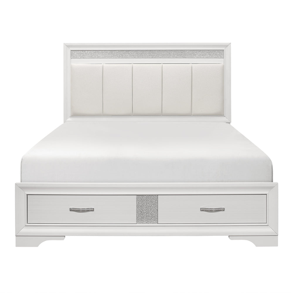 English Elm Modern Glam Queen Platform Bed with Upholstered Silver-Accent Headboard, White Finish, Storage Drawers B011S00891