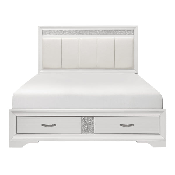 English Elm Modern Glam Queen Platform Bed with Upholstered Silver-Accent Headboard, White Finish, Storage Drawers B011S00891