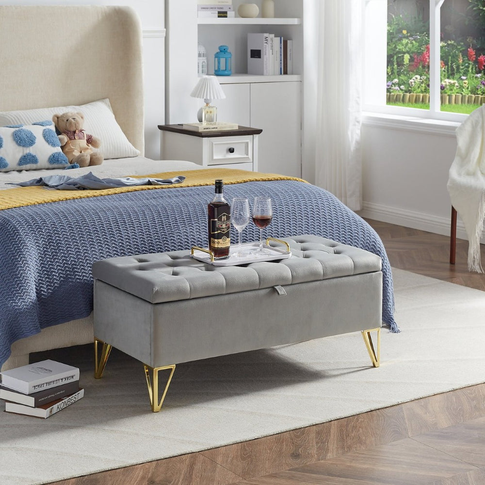 English Elm Fashion Velvet Storage Bench with Gold Steel Legs for Bedroom Entryway Living Room W2082P176563