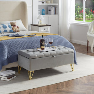 English Elm Fashion Velvet Storage Bench with Gold Steel Legs for Bedroom Entryway Living Room W2082P176563