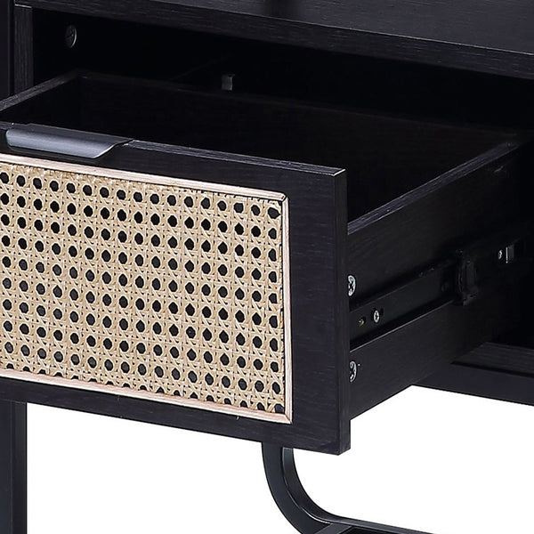 English Elm Black Accent Table with Rattan-Front Drawer, Tempered Glass Top, Smooth Metal Glide, Stylish Storage Elegance B062P181415