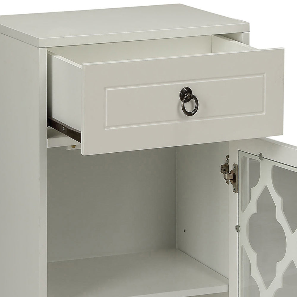 English Elm White Glass Door Side Table with Drawer, Compact White MDF Cabinet on Tapered Wooden Legs for Decor Display and Storage B062P181405
