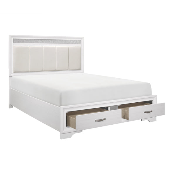 English Elm Modern Glam Queen Platform Bed with Upholstered Silver-Accent Headboard, White Finish, Storage Drawers B011S00891