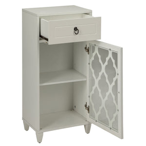 English Elm White Glass Door Side Table with Drawer, Compact White MDF Cabinet on Tapered Wooden Legs for Decor Display and Storage B062P181405
