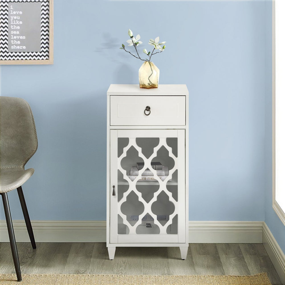 English Elm White Glass Door Side Table with Drawer, Compact White MDF Cabinet on Tapered Wooden Legs for Decor Display and Storage B062P181405