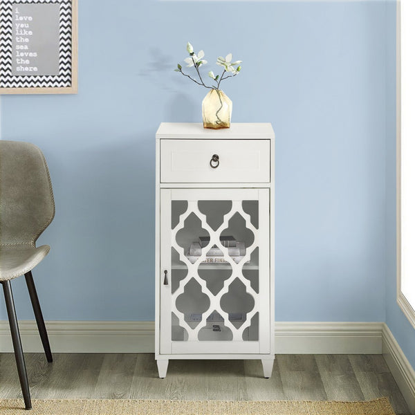 English Elm White Glass Door Side Table with Drawer, Compact White MDF Cabinet on Tapered Wooden Legs for Decor Display and Storage B062P181405