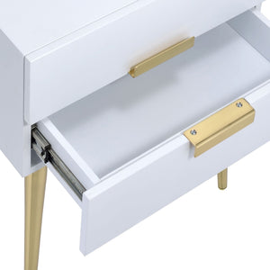 English Elm White Side Table with Two Drawers and Gold-Tapered Legs — Compact Nightstand for Glam Living Spaces White+Gold B062P181392