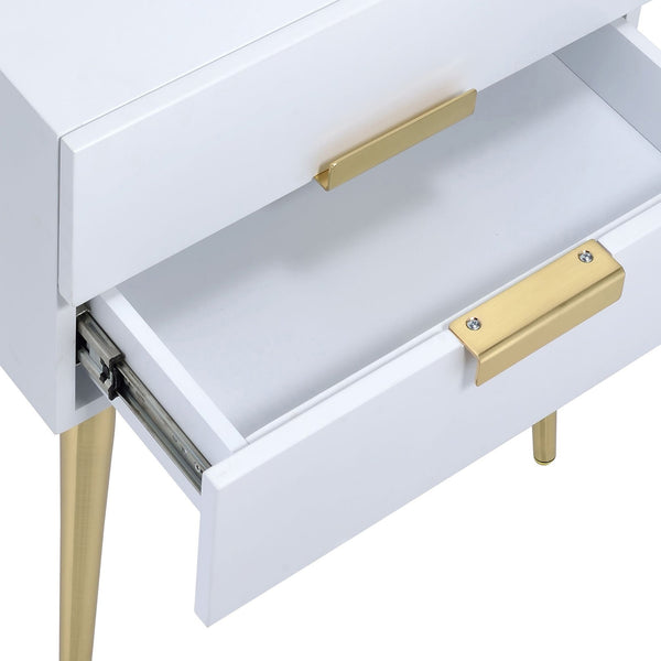 English Elm White Side Table with Two Drawers and Gold-Tapered Legs — Compact Nightstand for Glam Living Spaces White+Gold B062P181392