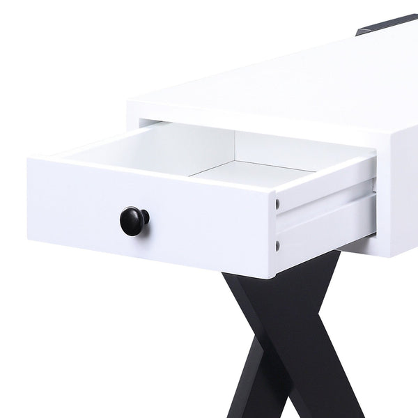 English Elm White Rectangular Side Table with Drawer and Dual USB Ports, X-Leg Accent for Modern Living Rooms White+Black B062P181408