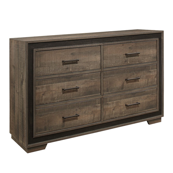 English Elm Rustic Two-tone Mahogany Ebony Six Drawer Dresser with Pewter Pulls for Bedroom B011P183413