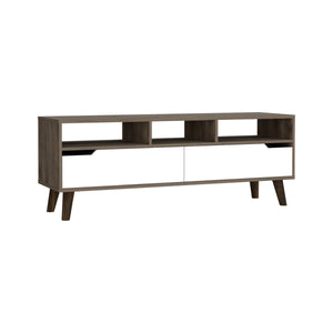 English Elm Tv Stand Dark Walnut/White for TVs up to 60" — Three Open Shelves, Two Flexible Drawers, Modern TVConsole B097133051