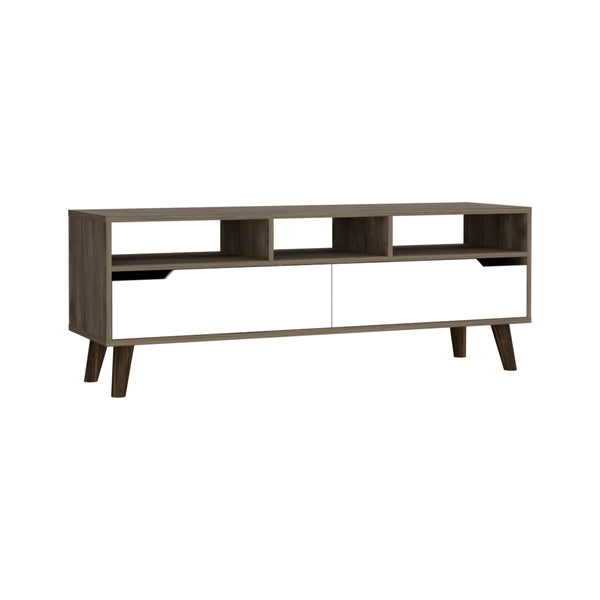 English Elm Tv Stand Dark Walnut/White for TVs up to 60" — Three Open Shelves, Two Flexible Drawers, Modern TVConsole B097133051