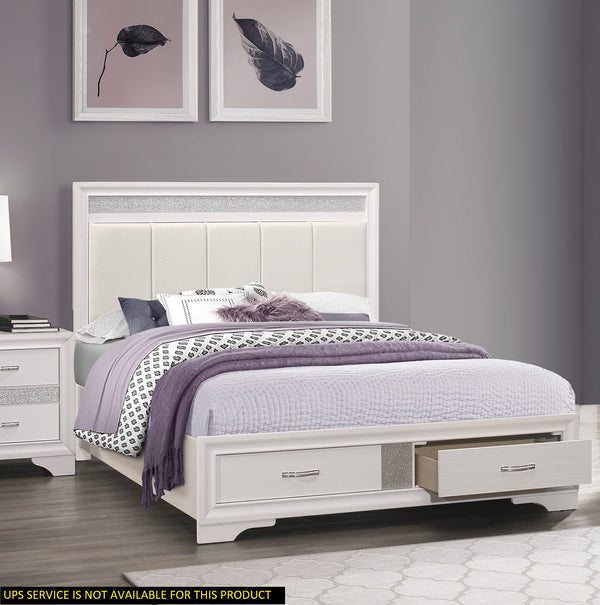 English Elm Modern Glam Queen Platform Bed with Upholstered Silver-Accent Headboard, White Finish, Storage Drawers B011S00891