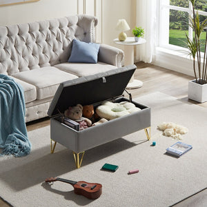English Elm Fashion Velvet Storage Bench with Gold Steel Legs for Bedroom Entryway Living Room W2082P176563
