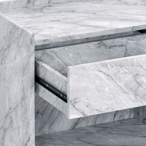 English Elm White Faux Marble Chrome Accent Table with Drawer & Shelf, 25.5"H Modern Storage Nightstand B062P181410