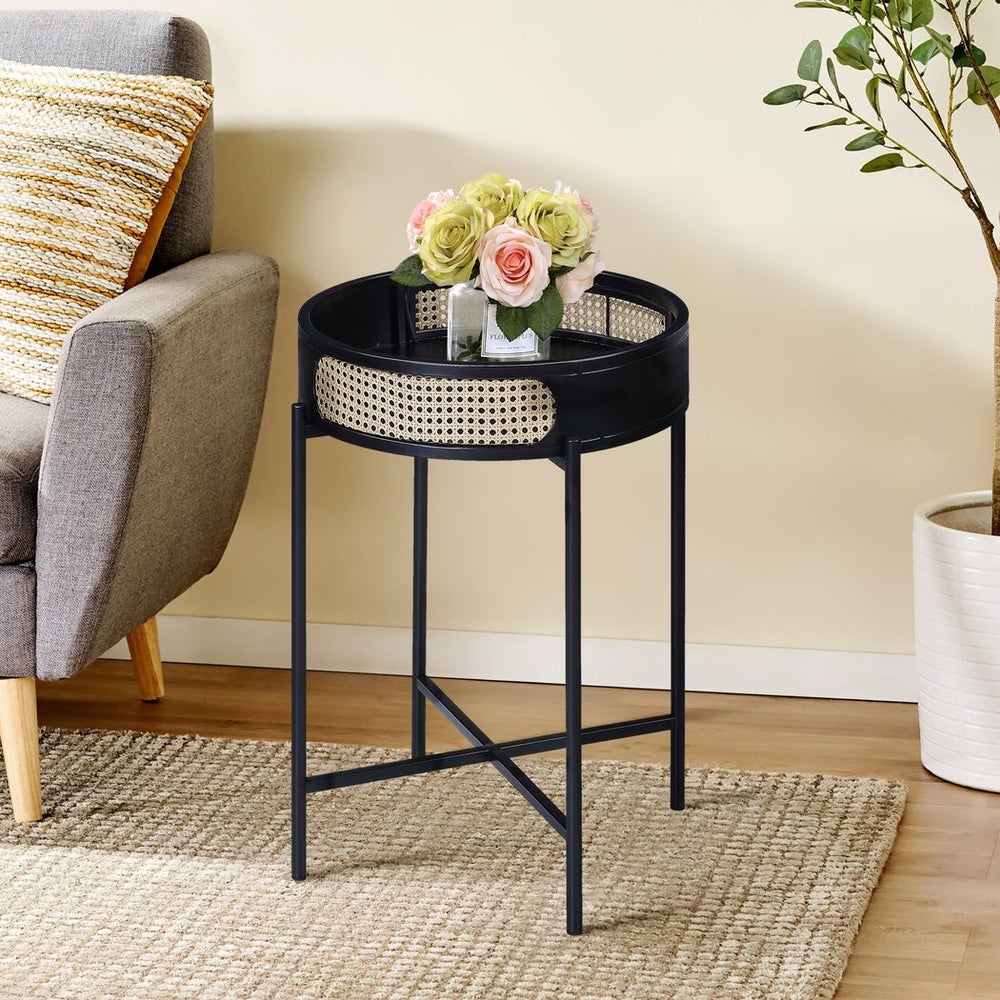 English Elm Black End Table with Rattan Tray Top and Metal Legs — Round Nightstand, Rustic Modern Accent B062P181421