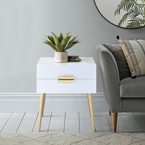 English Elm White Side Table with Two Drawers and Gold-Tapered Legs — Compact Nightstand for Glam Living Spaces White+Gold B062P181392
