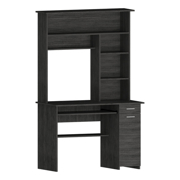 English Elm Compu 180 Hutch Desk: Stylish Grey Oak Workspace With Shelves, Drawer, And Retractable Keyboard Tray B070S00008