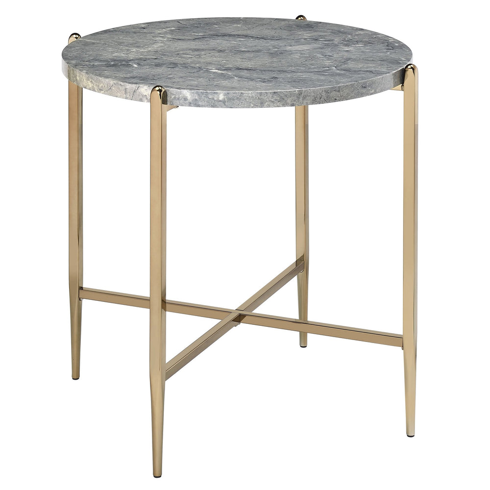 English Elm Grey Faux Marble End Table with Champagne Legs — Chic Modern Accent Table for Living Room Décor, 26.5" Wide B062P181390