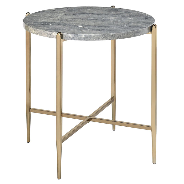 English Elm Grey Faux Marble End Table with Champagne Legs — Chic Modern Accent Table for Living Room Décor, 26.5" Wide B062P181390