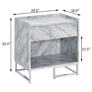 English Elm White Faux Marble Chrome Accent Table with Drawer & Shelf, 25.5"H Modern Storage Nightstand B062P181410