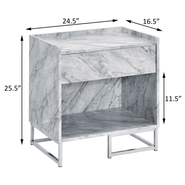 English Elm White Faux Marble Chrome Accent Table with Drawer & Shelf, 25.5"H Modern Storage Nightstand B062P181410
