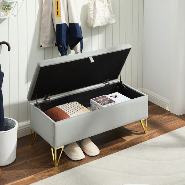 English Elm Fashion Velvet Storage Bench with Gold Steel Legs for Bedroom Entryway Living Room W2082P176563