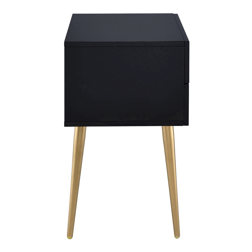 English Elm Black Black and Gold Side Table with 2 Drawer — Compact Glam Nightstand with Gold Tapered Legs, Storage Elegance B062P181391