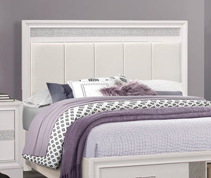 English Elm Modern Glam Queen Platform Bed with Upholstered Silver-Accent Headboard, White Finish, Storage Drawers B011S00891