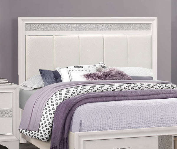 English Elm Modern Glam Queen Platform Bed with Upholstered Silver-Accent Headboard, White Finish, Storage Drawers B011S00891