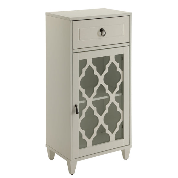 English Elm White Glass Door Side Table with Drawer, Compact White MDF Cabinet on Tapered Wooden Legs for Decor Display and Storage B062P181405