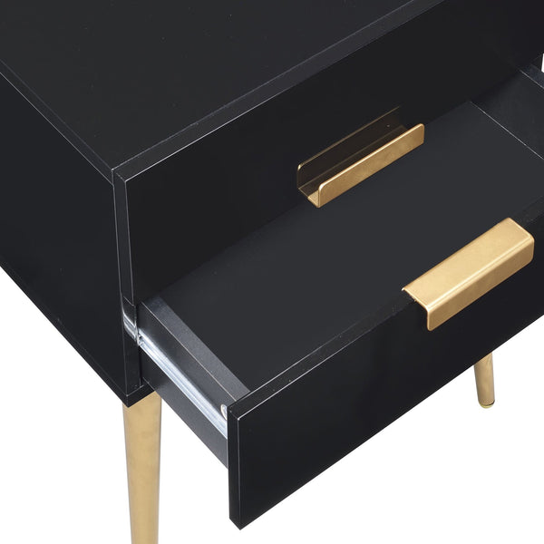 English Elm Black Black and Gold Side Table with 2 Drawer — Compact Glam Nightstand with Gold Tapered Legs, Storage Elegance B062P181391