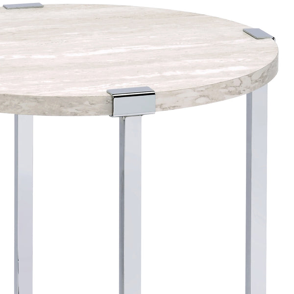 English Elm White Oak Chrome End Table with Round Top and X-Base — Industrial Chic, Sturdy Metal Frame, 24.5" B062P181389