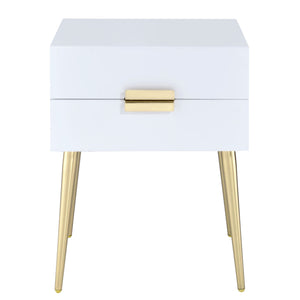 English Elm White Side Table with Two Drawers and Gold-Tapered Legs — Compact Nightstand for Glam Living Spaces White+Gold B062P181392