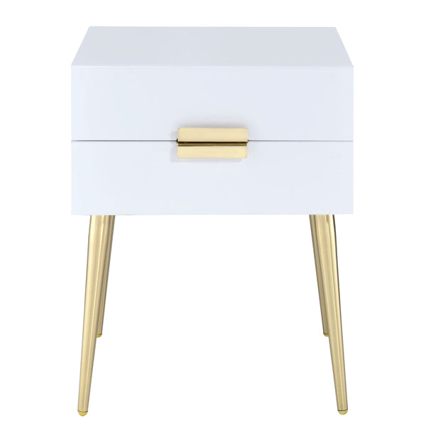 English Elm White Side Table with Two Drawers and Gold-Tapered Legs — Compact Nightstand for Glam Living Spaces White+Gold B062P181392